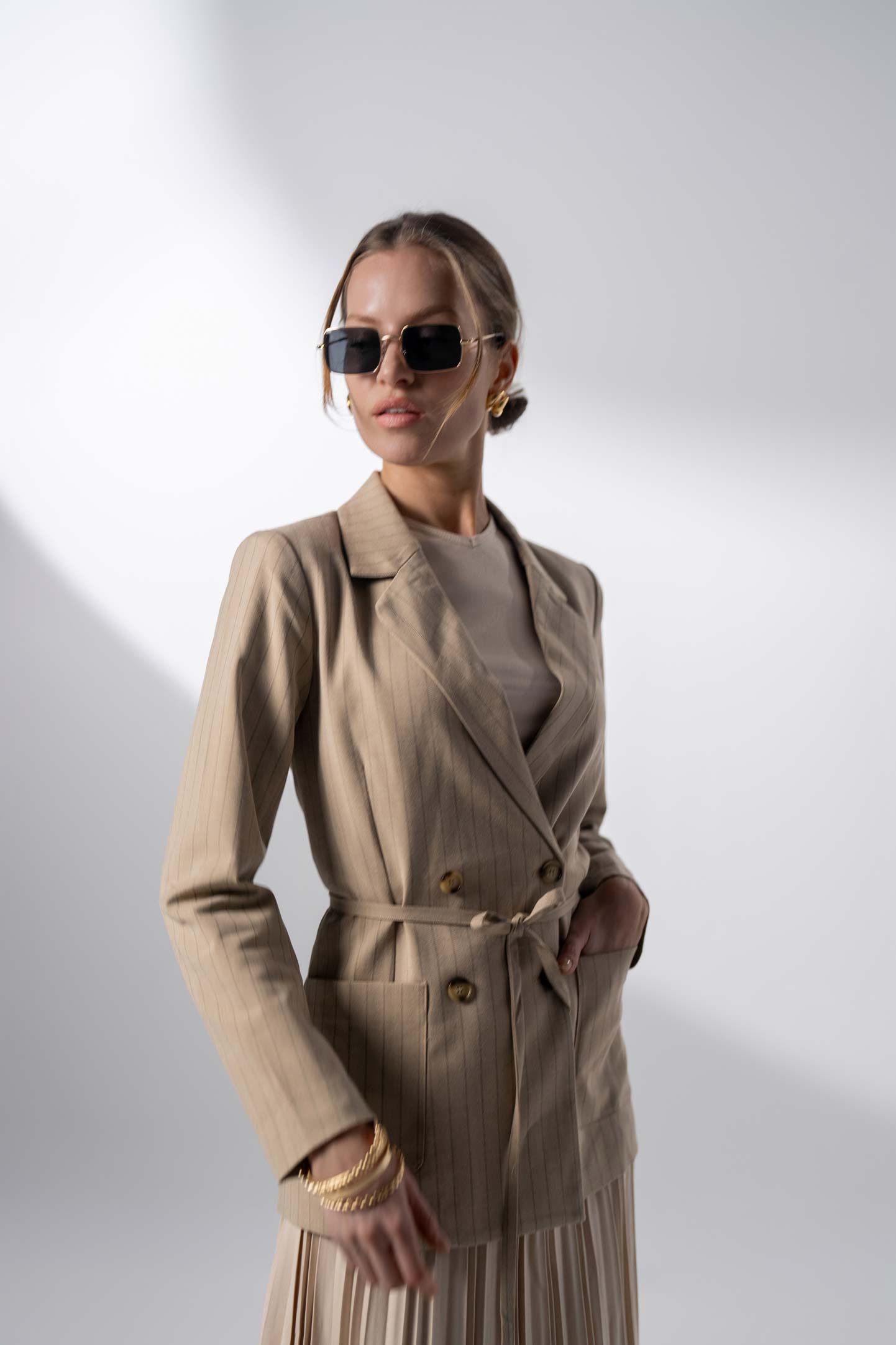 Double Breasted Pinstripe Jacket-Brown-2