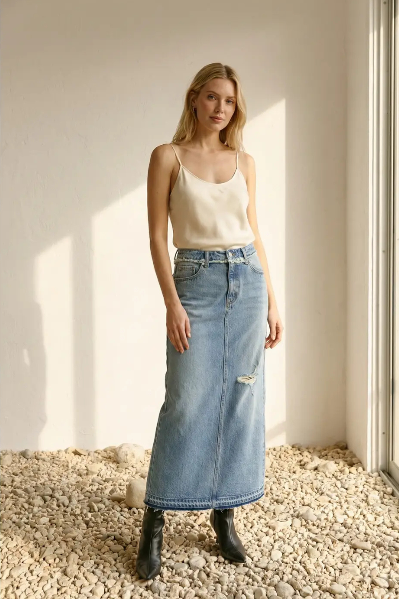 Livia High Rise Frayed Waistband w/ Slit Denim Maxi Skirt