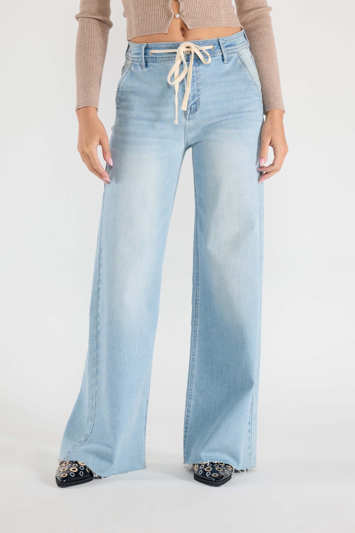 The Uma Jean - High Rise Relaxed Wide Leg with Waist String by Enjean in multiple washes