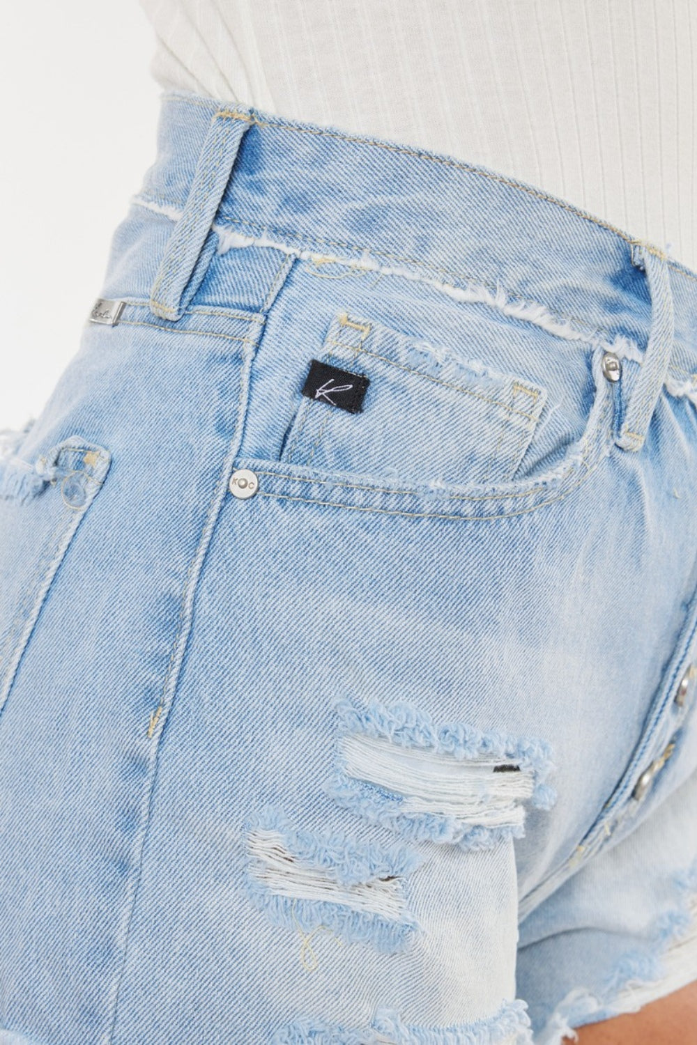 Distressed Button Fly Denim Shorts by Kancan