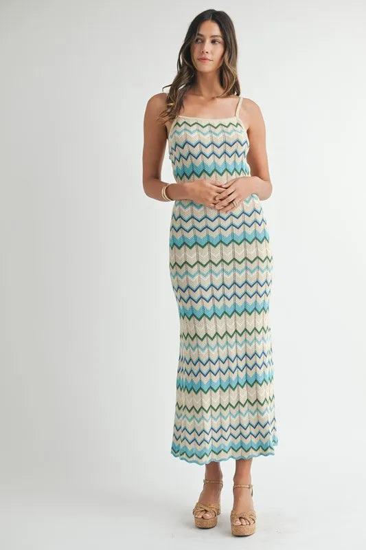 MABLE Lightweight Pointelle Chevron Knit Maxi Dress-2
