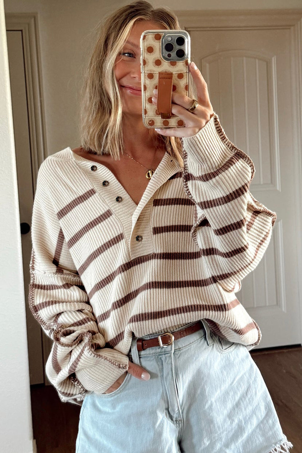 Brown Stripe Ribbed Henley Slouchy Sweater