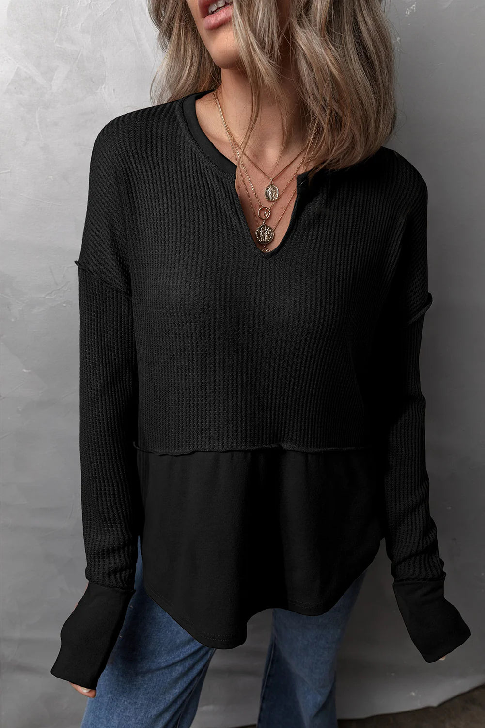 Waffle-Knit Exposed Seam Long Sleeve Top
