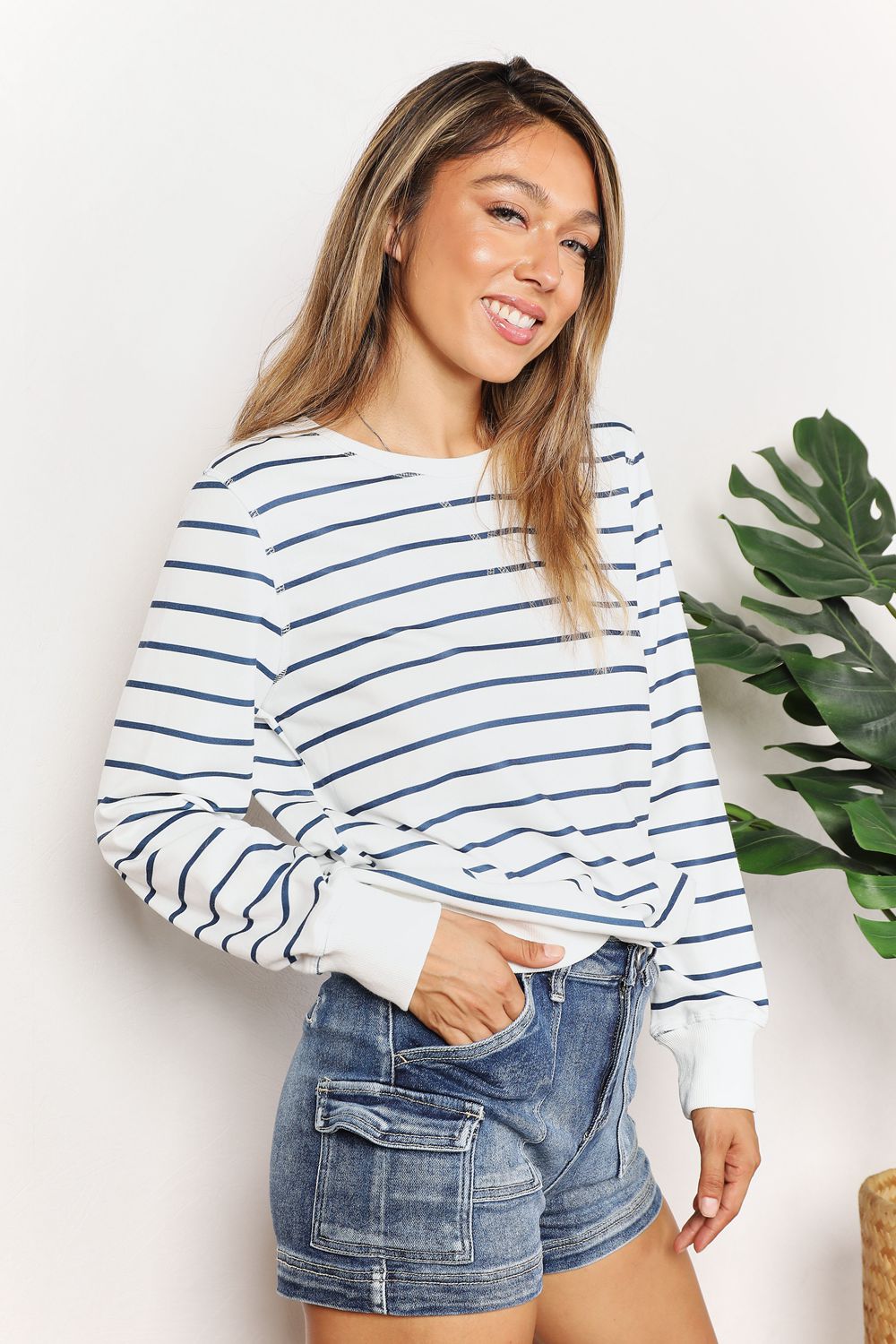 Double Take Striped Crewneck Sweatshirt