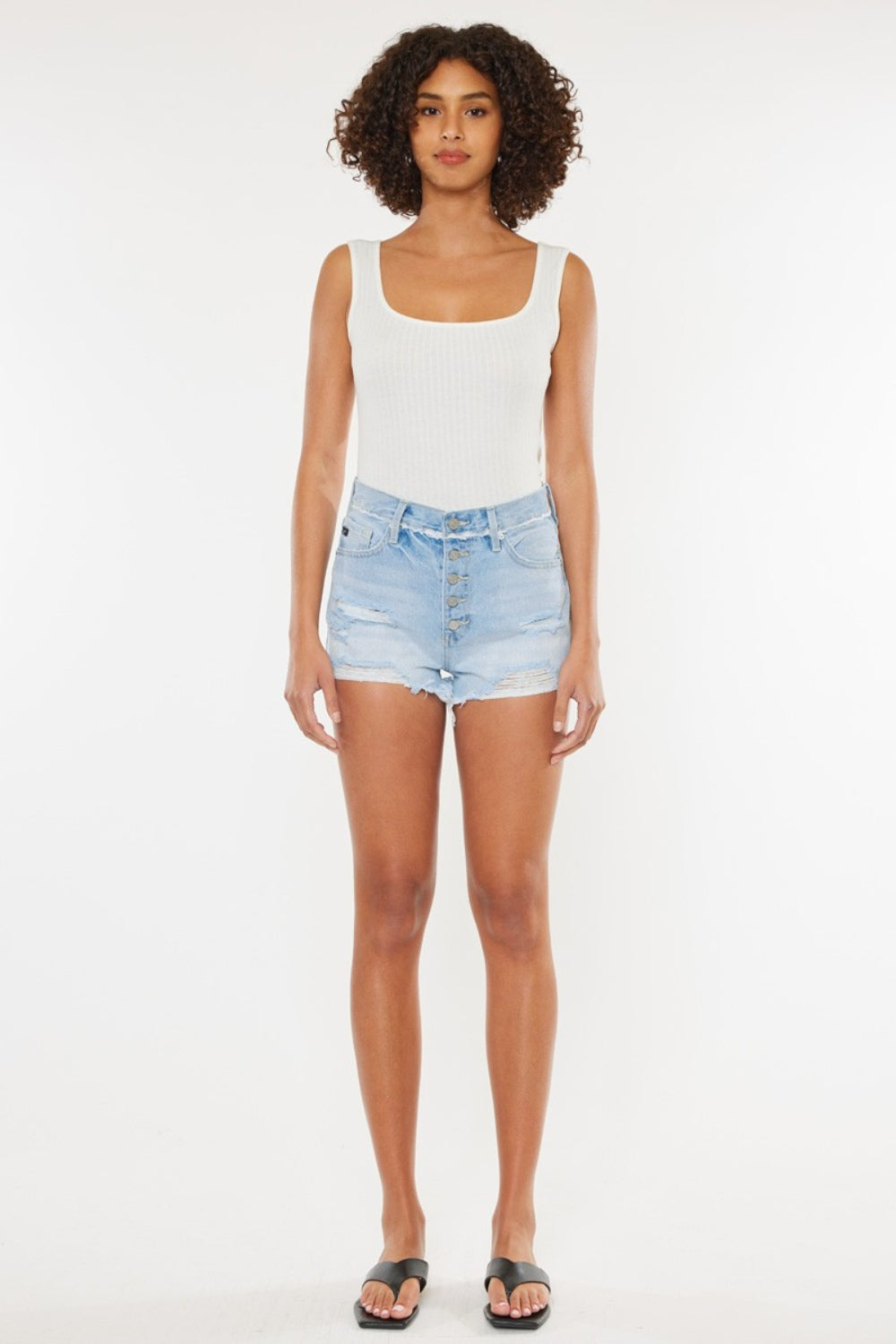 Distressed Button Fly Denim Shorts by Kancan