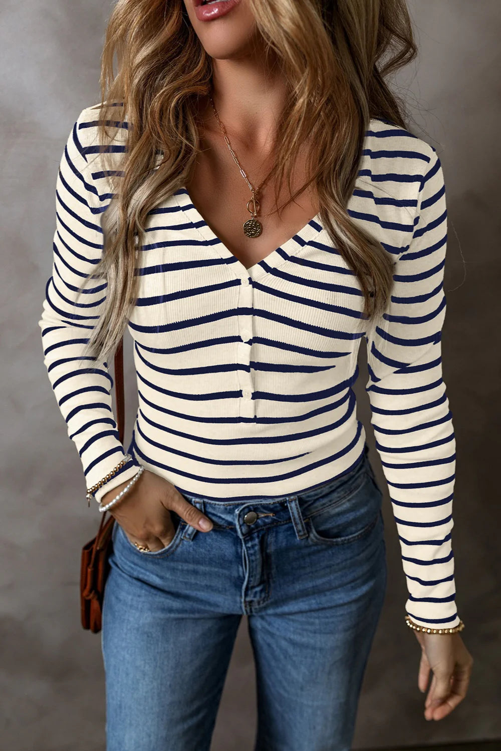Striped V-Neck Long Sleeve Top in multiple colors
