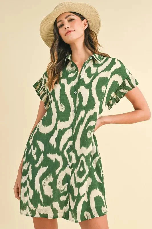 Annie Wear Abstract Printed Frill Sleeve Shirt Mini Dress-0