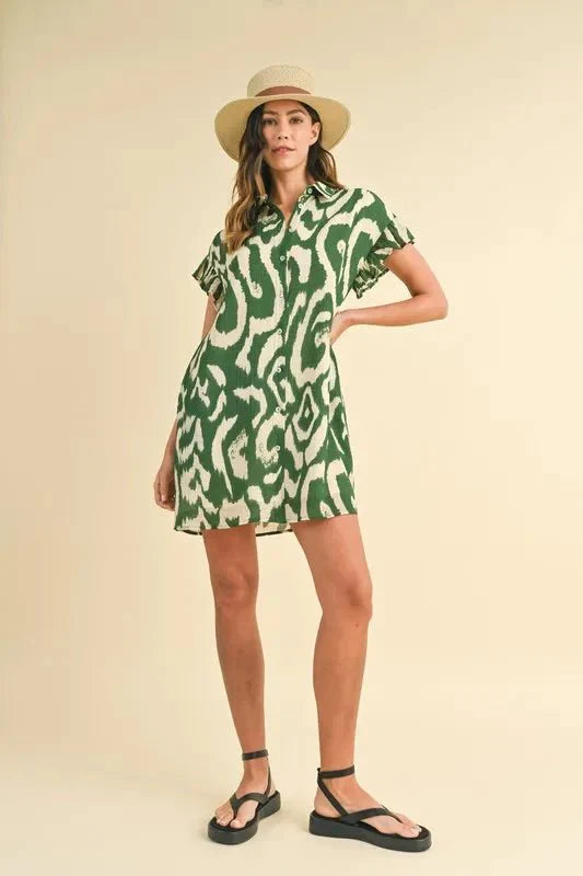 Annie Wear Abstract Printed Frill Sleeve Shirt Mini Dress-4