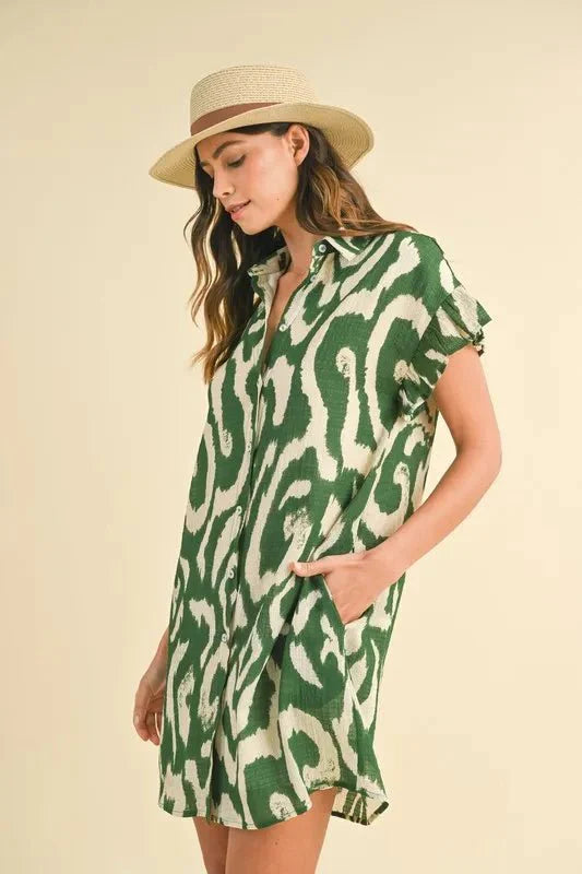 Annie Wear Abstract Printed Frill Sleeve Shirt Mini Dress-1