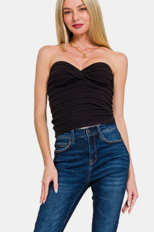 Zenana Ruched Twisted Sweetheart Neck Top-1