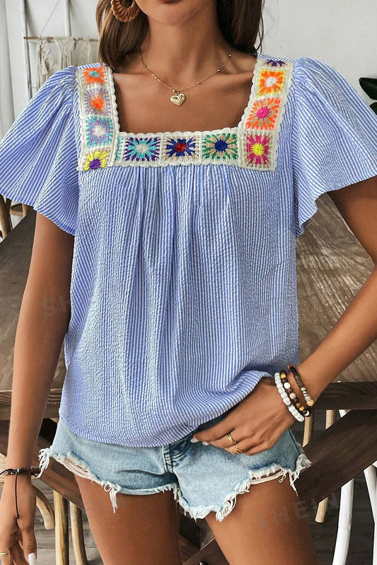 Crochet Trimmed Striped Blouse