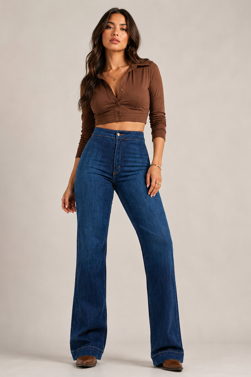 The Robin Jean 32" & 34" - High Rise Wide Leg Flare in Dark Wash by GJG Denim