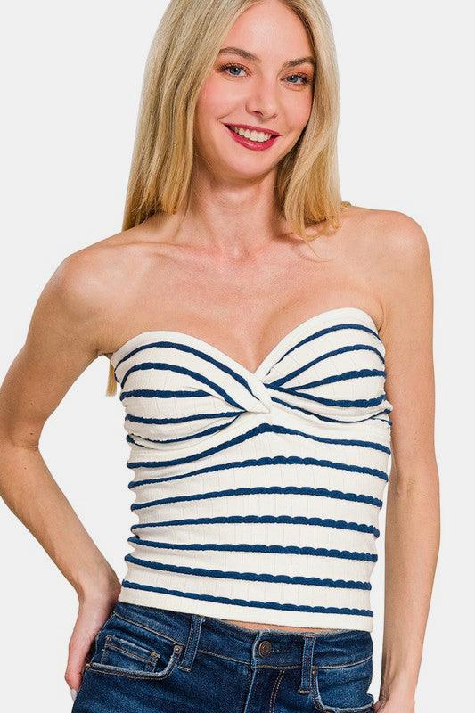 Zenana Twisted Sweetheart Neck Striped Tube Top-0