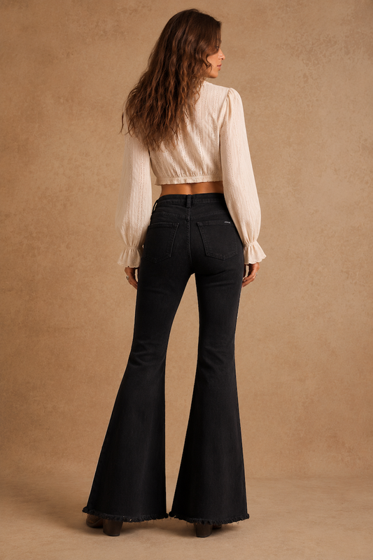 The Raynia Jean (30" 32"34") - High Rise Bell Bottom in black by GJG Denim