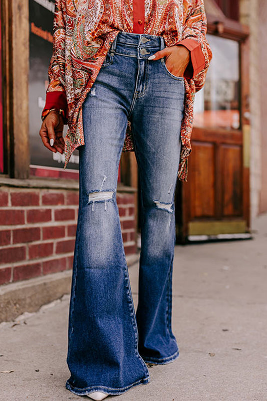 Button Fly Weathered Flare Jeans