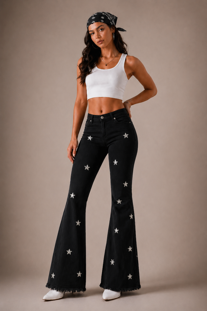 Midnight Stardust Jean (30" 32" 34") - High Rise Flair Raw Hem by GJG Denim