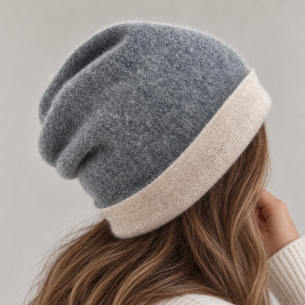 Reversible Cashmere Beanie in Charcoal + Sand
