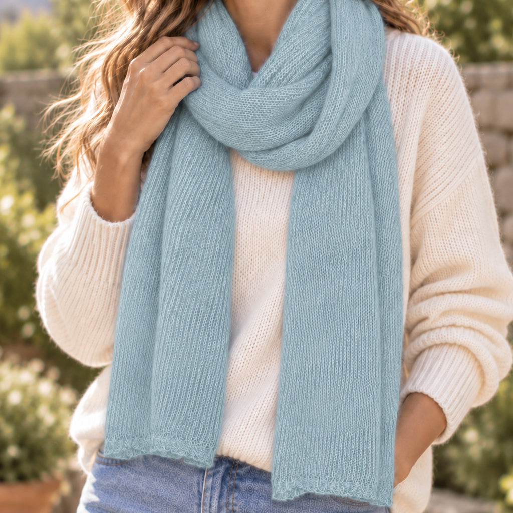 Handwoven Knit Alpaca Scarf in Ice Blue