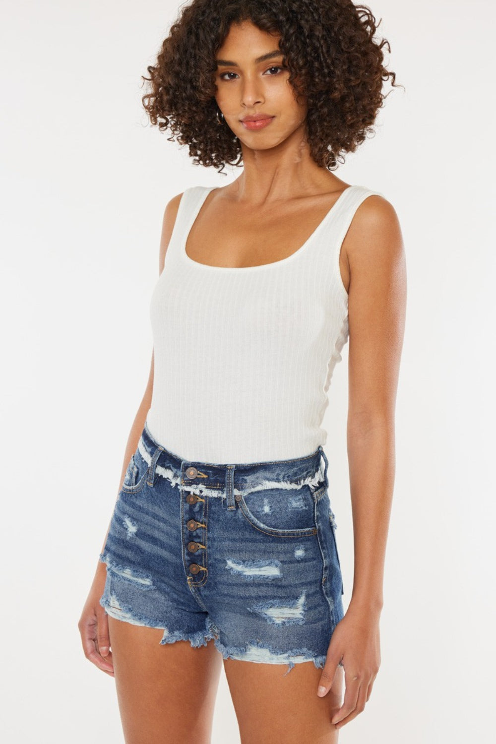 Distressed Button Fly Denim Shorts by Kancan