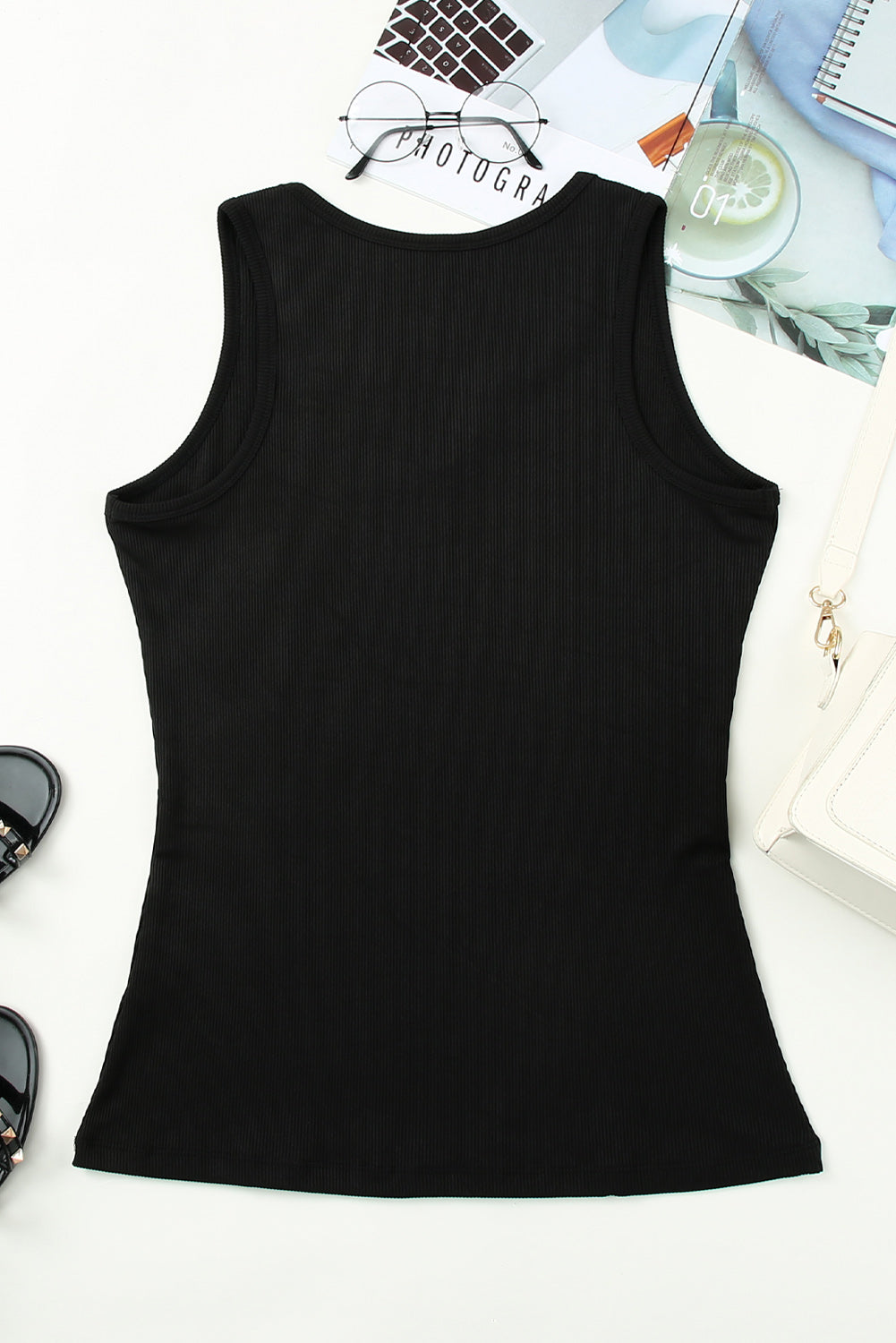 Split Neck Ribbed Tank Top
