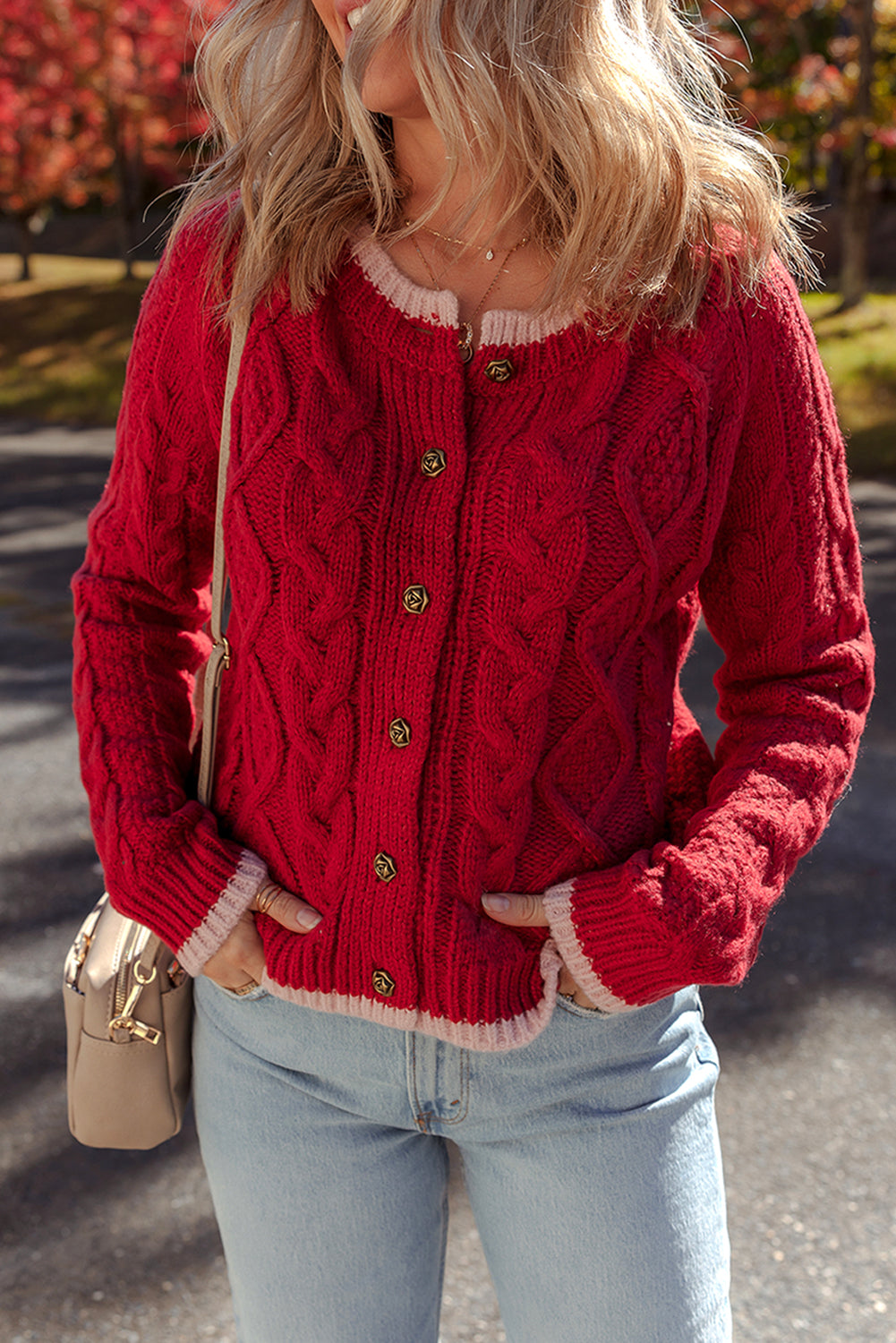 Cable Knit Contrast Edge Cardigan
