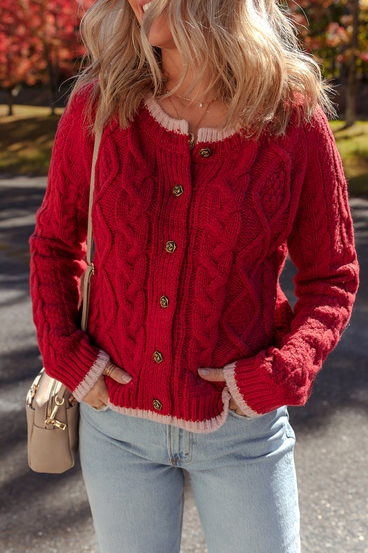 Cable Knit Contrast Edge Cardigan