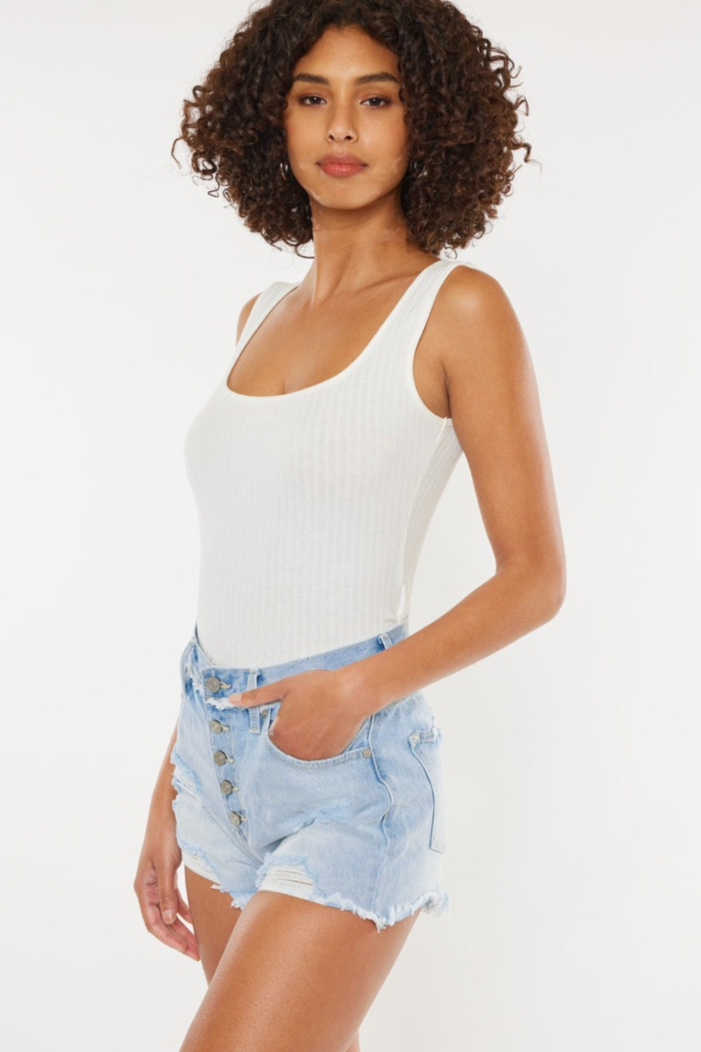 Distressed Button Fly Denim Shorts by Kancan