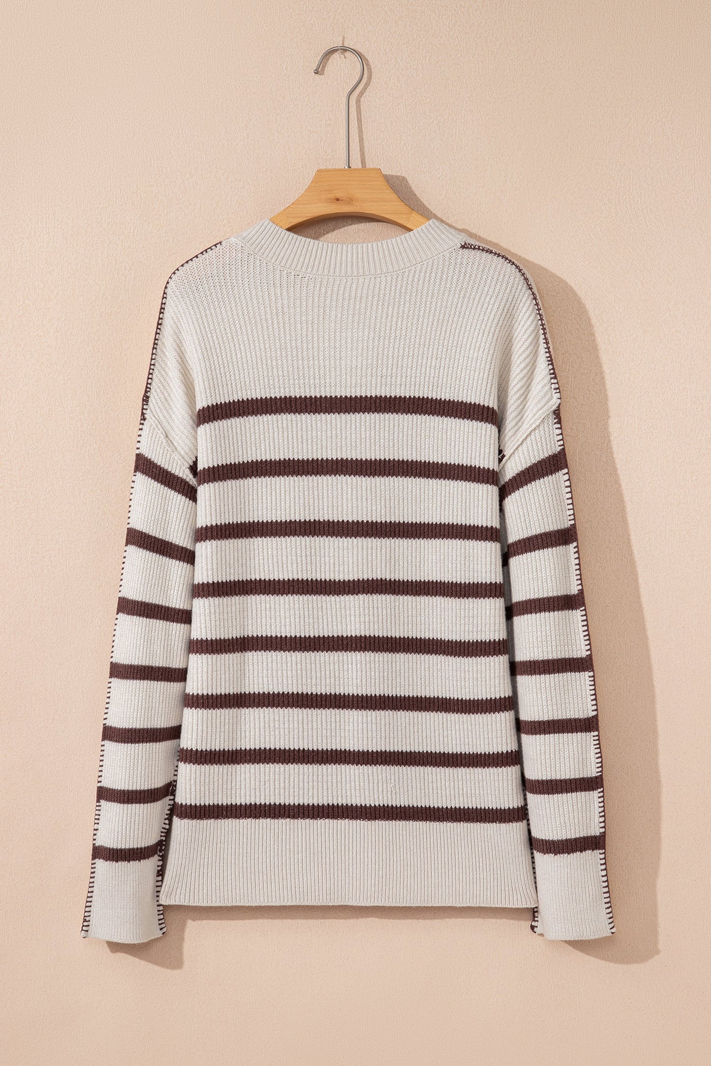 Brown Stripe Ribbed Henley Slouchy Sweater