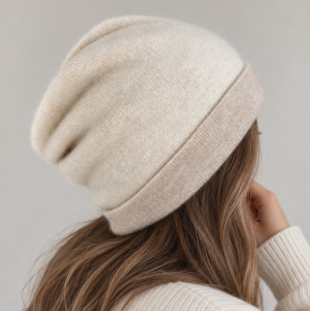 Reversible Cashmere Beanie in Sandstone