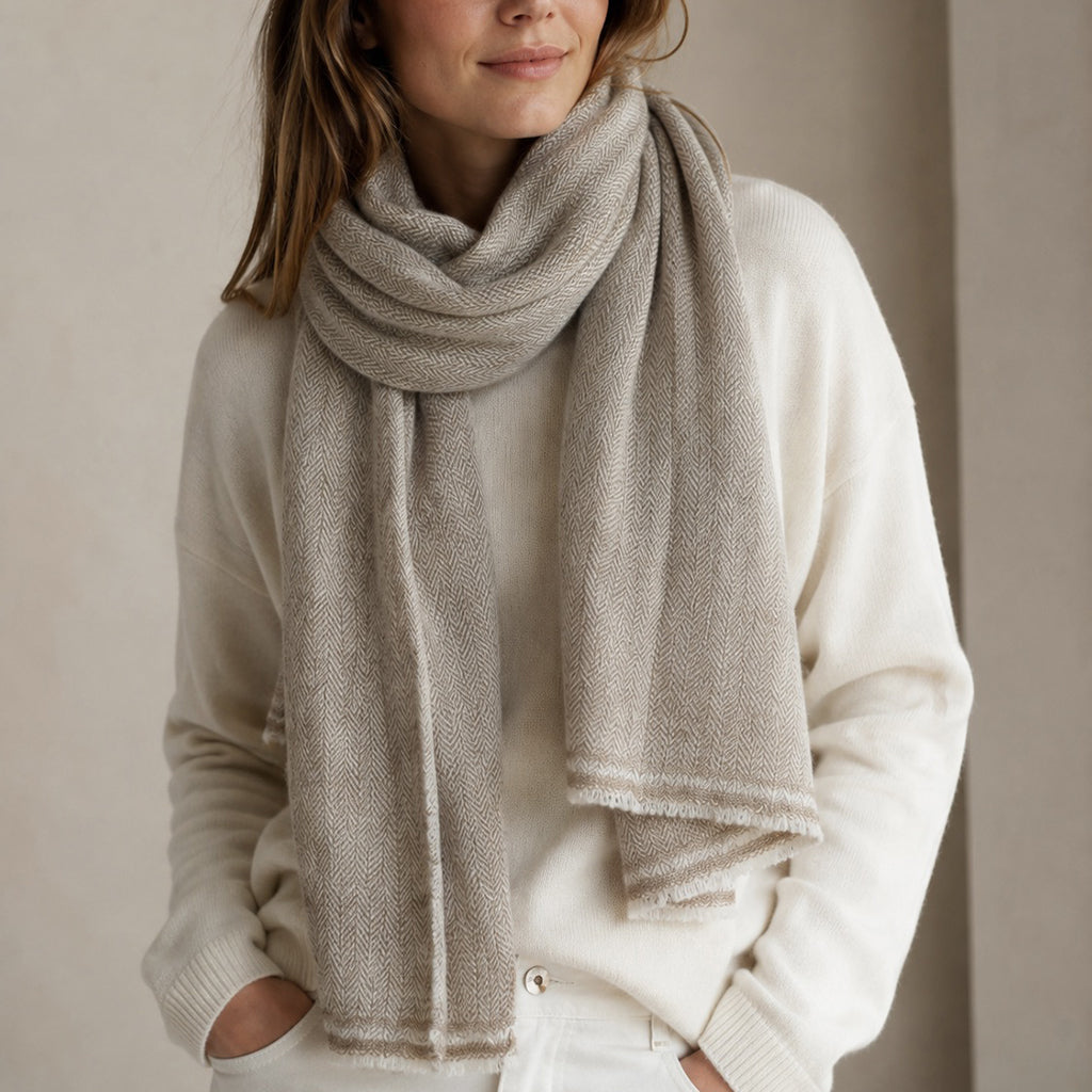 Beige Herringbone Cashmere Scarf-1