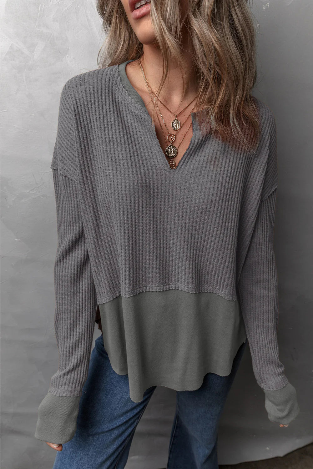 Waffle-Knit Exposed Seam Long Sleeve Top