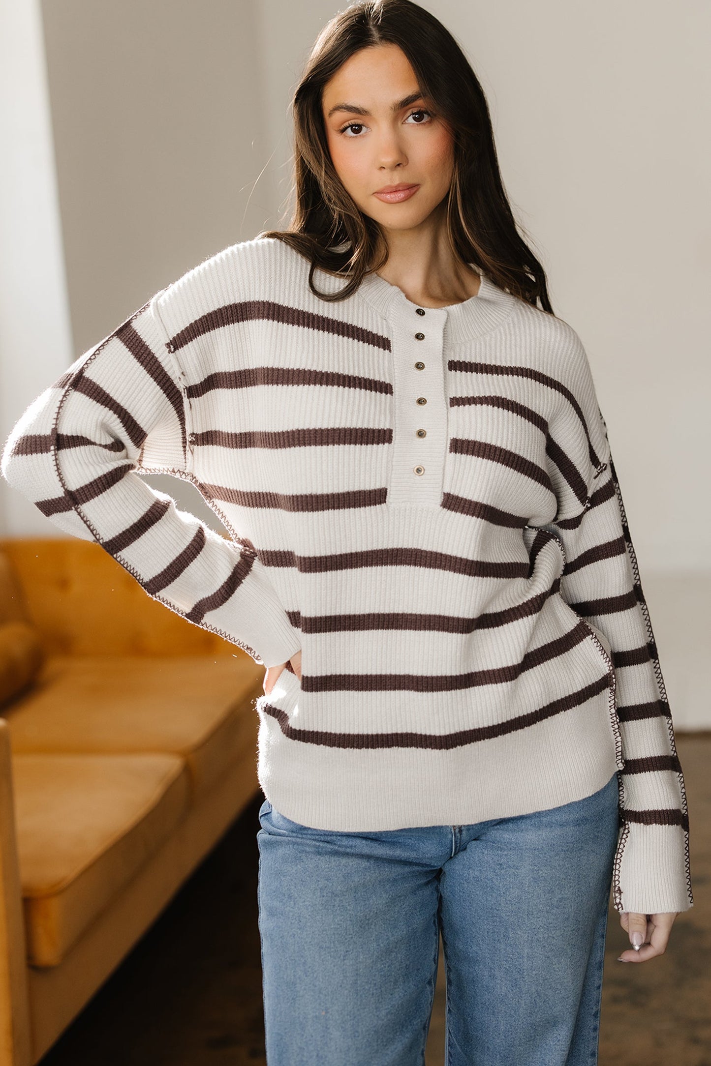 Brown Stripe Ribbed Henley Slouchy Sweater