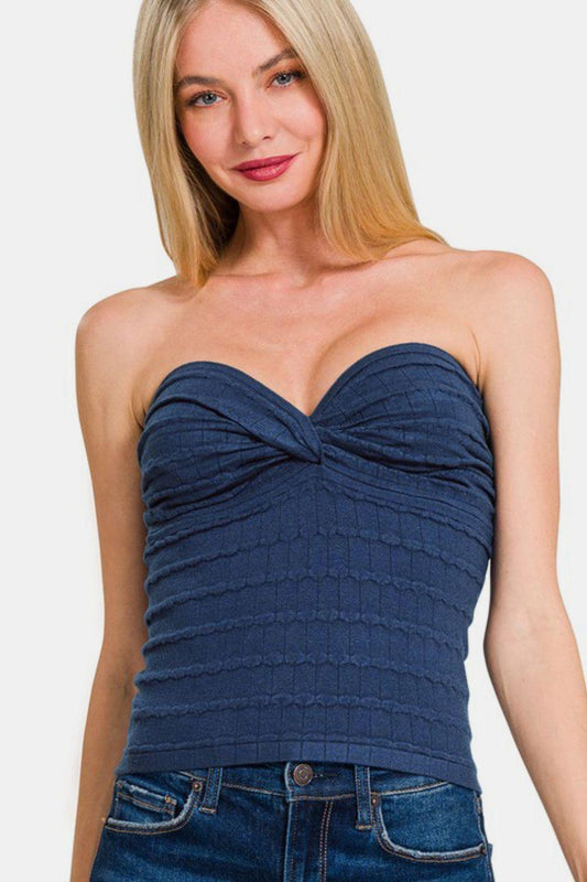 Zenana Ruched Twisted Sweetheart Neck Top-0