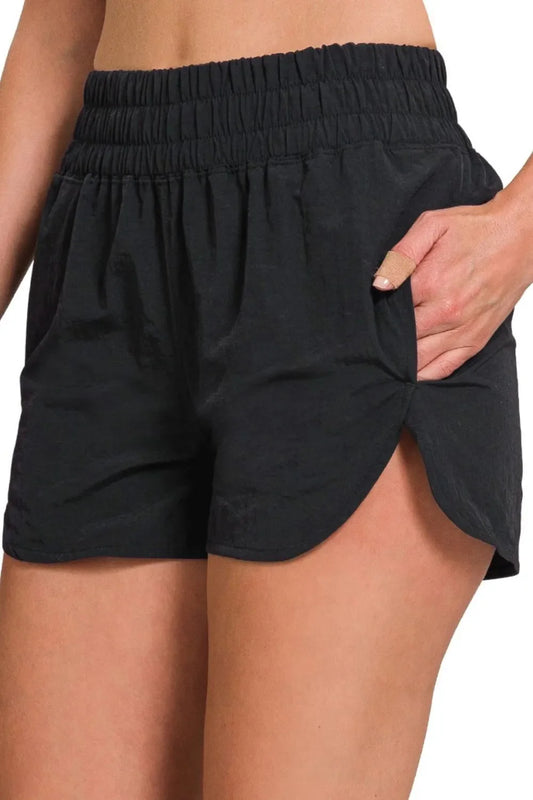 Zenana Windbreaker Smocked Waistband Running Shorts-0