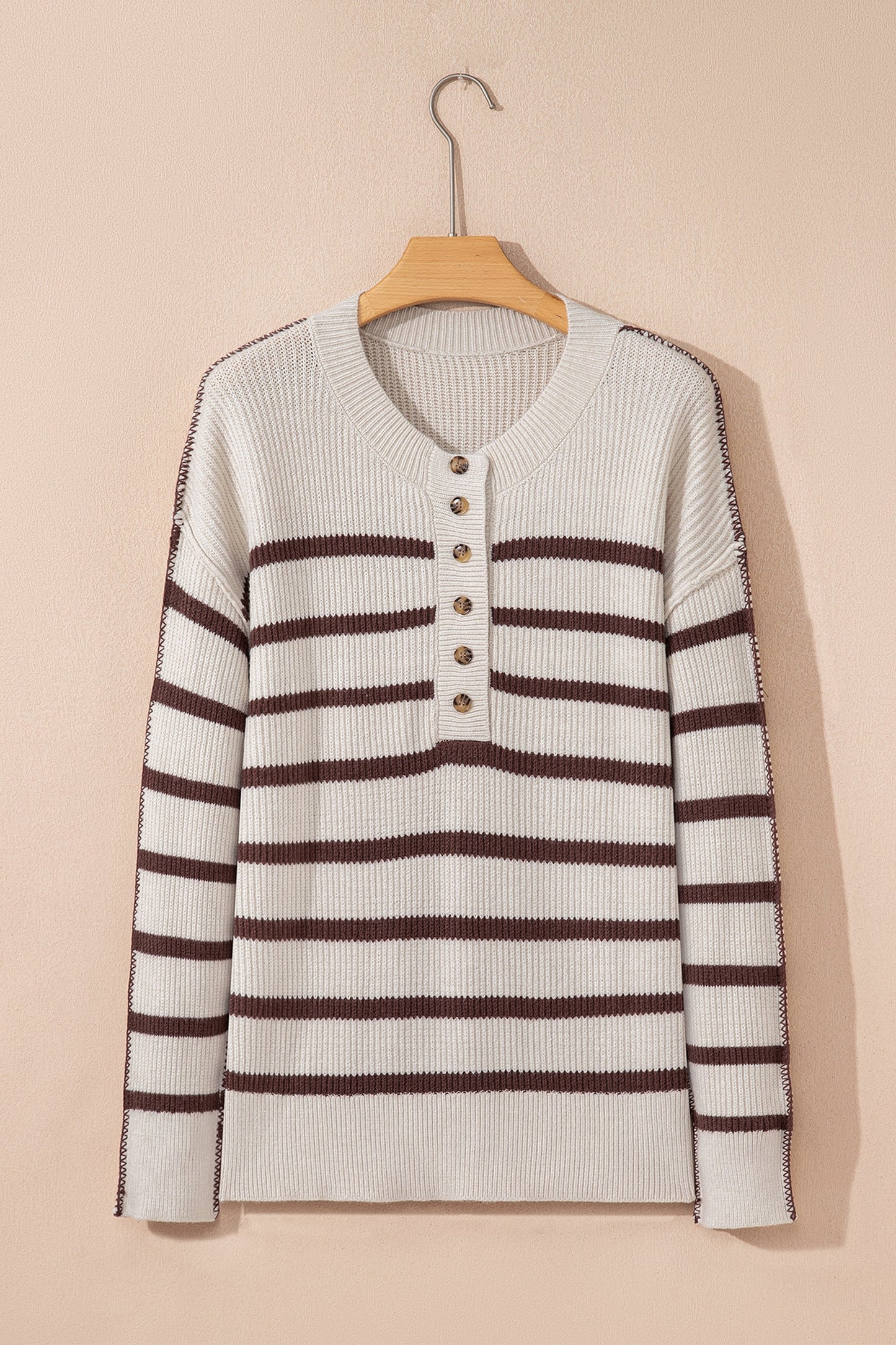 Brown Stripe Ribbed Henley Slouchy Sweater