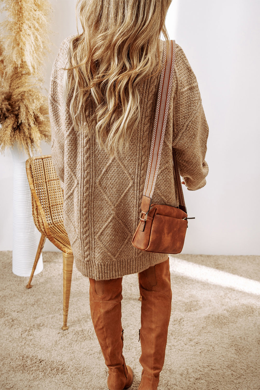 Cable Knit Sweater Dress in tan