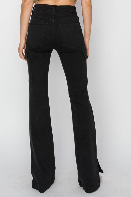 RISEN Full Size High Rise Side Slit Cargo Bootcut Jeans-1