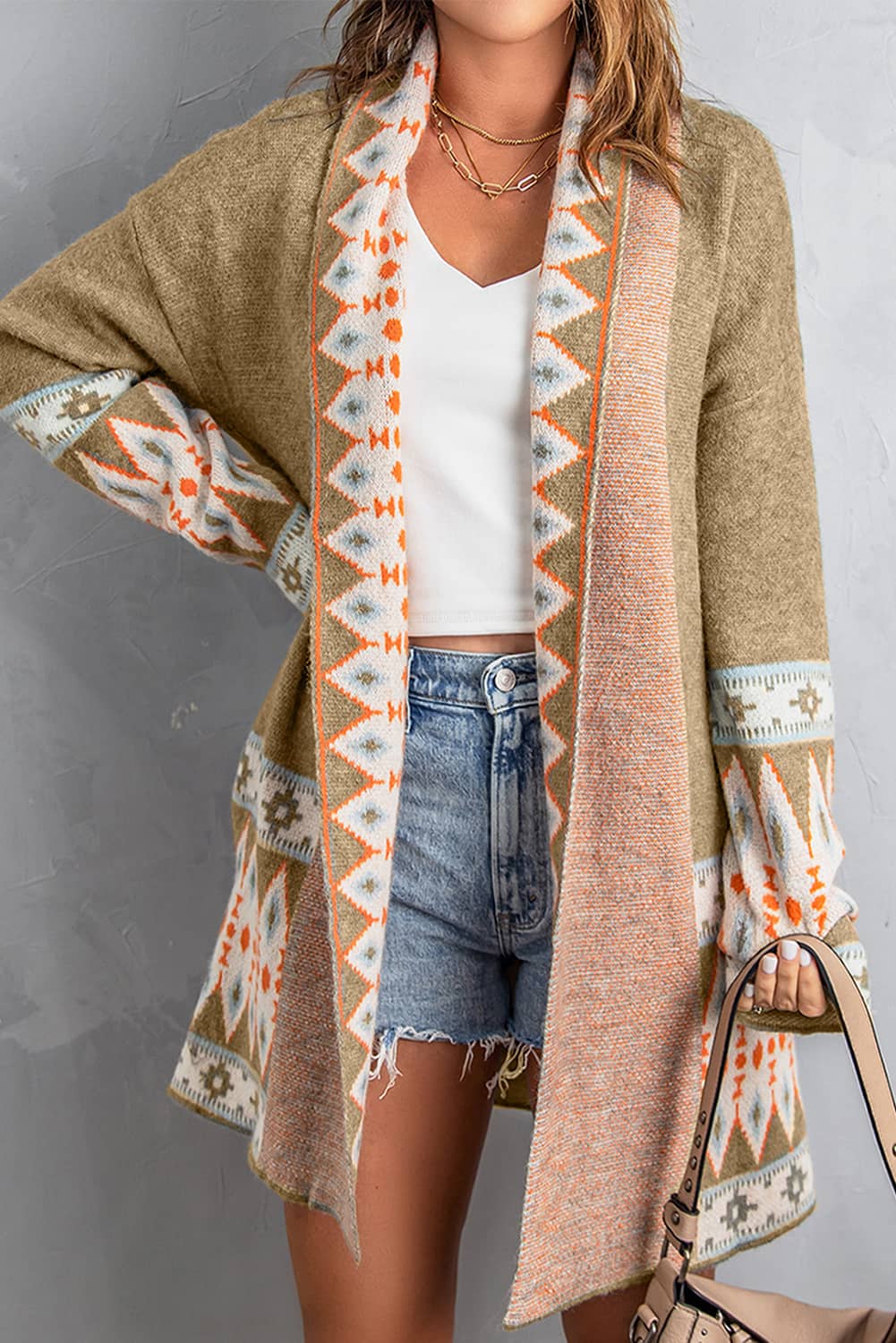 Aztec Knitted Cardigan in brown and khaki