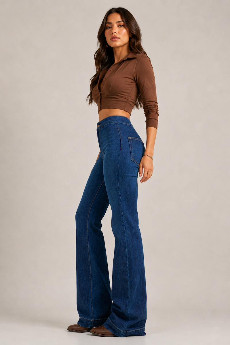 The Robin Jean 32" & 34" - High Rise Wide Leg Flare in Dark Wash by GJG Denim