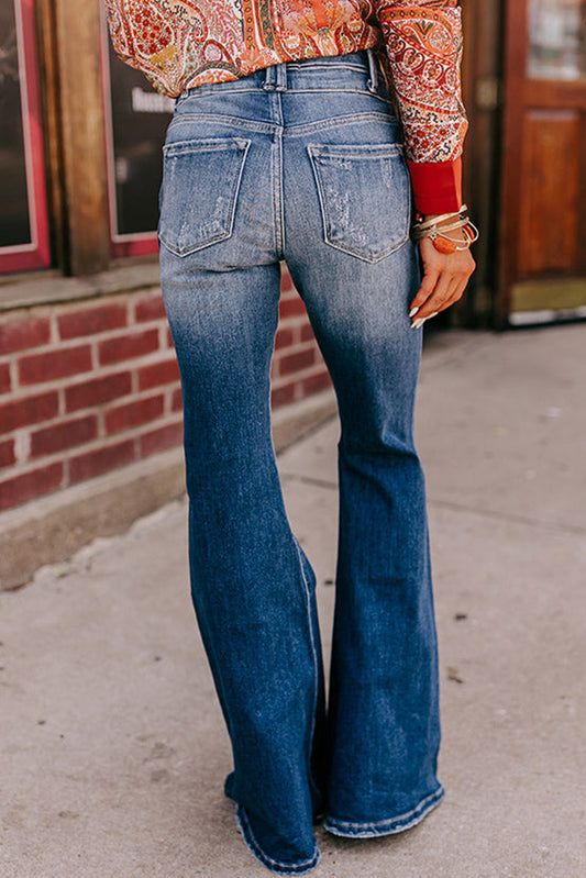 Button Fly Weathered Flare Jeans
