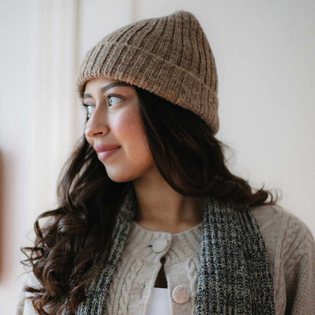 Ribbed Alpaca Beanie in Oat Beige
