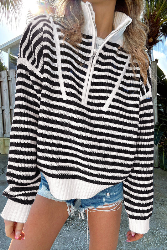 Striped 3/4 Zip Collared Sweater