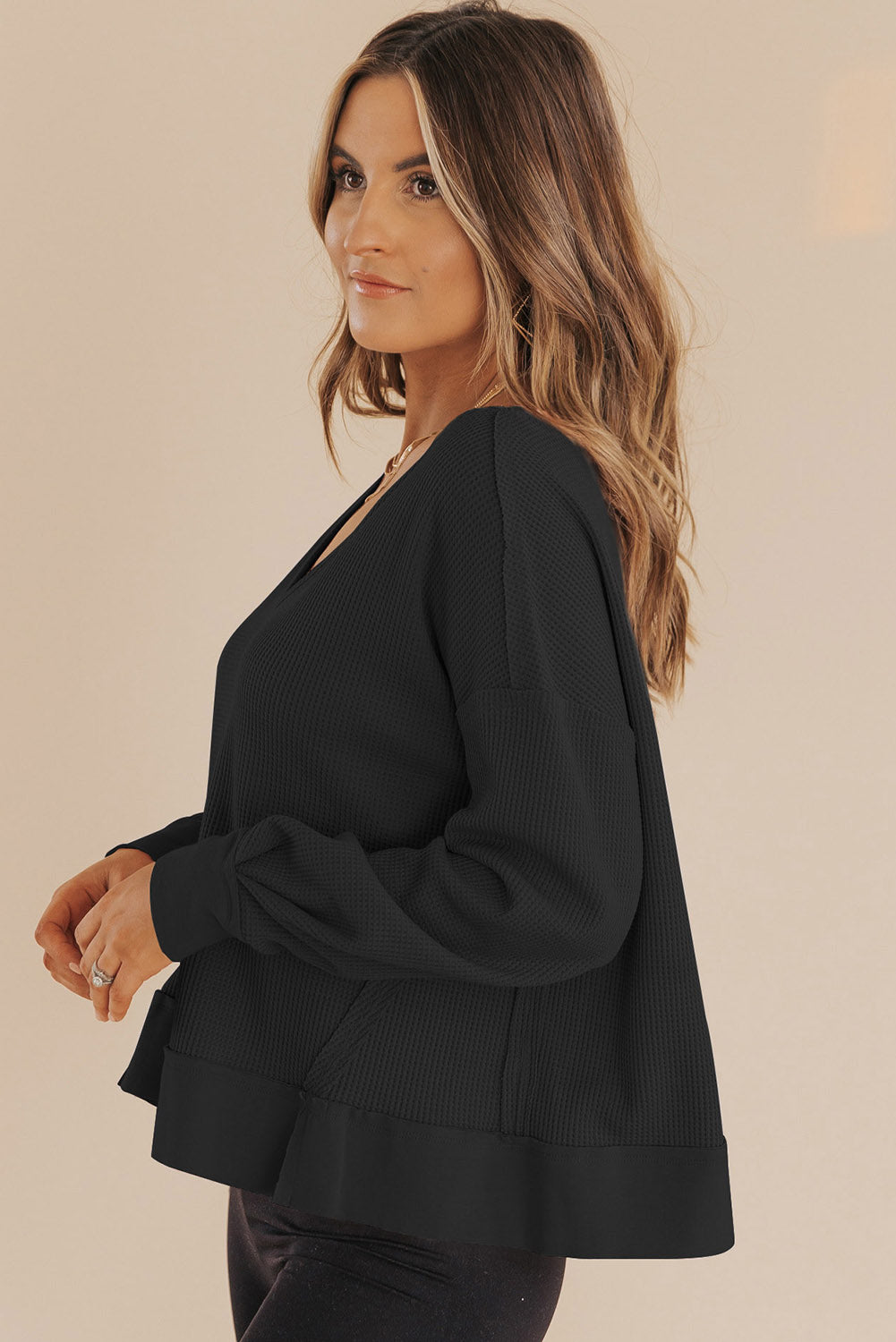 Waffle Knit Drop Shoulder Sweatshirt