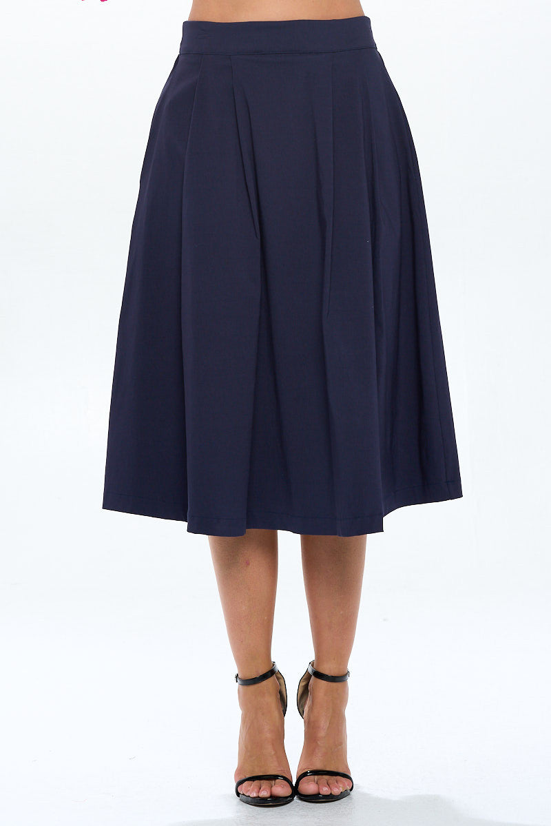 Solid Pleated Midi Skirt with Pockets-0