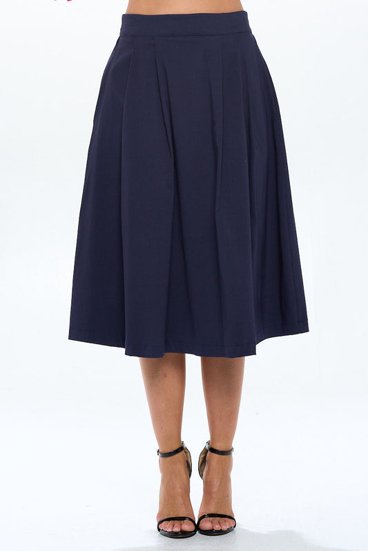 Solid Pleated Midi Skirt with Pockets-0