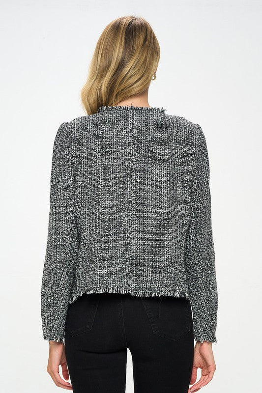 Open Front Blazer Cardigan with Frayed Hem