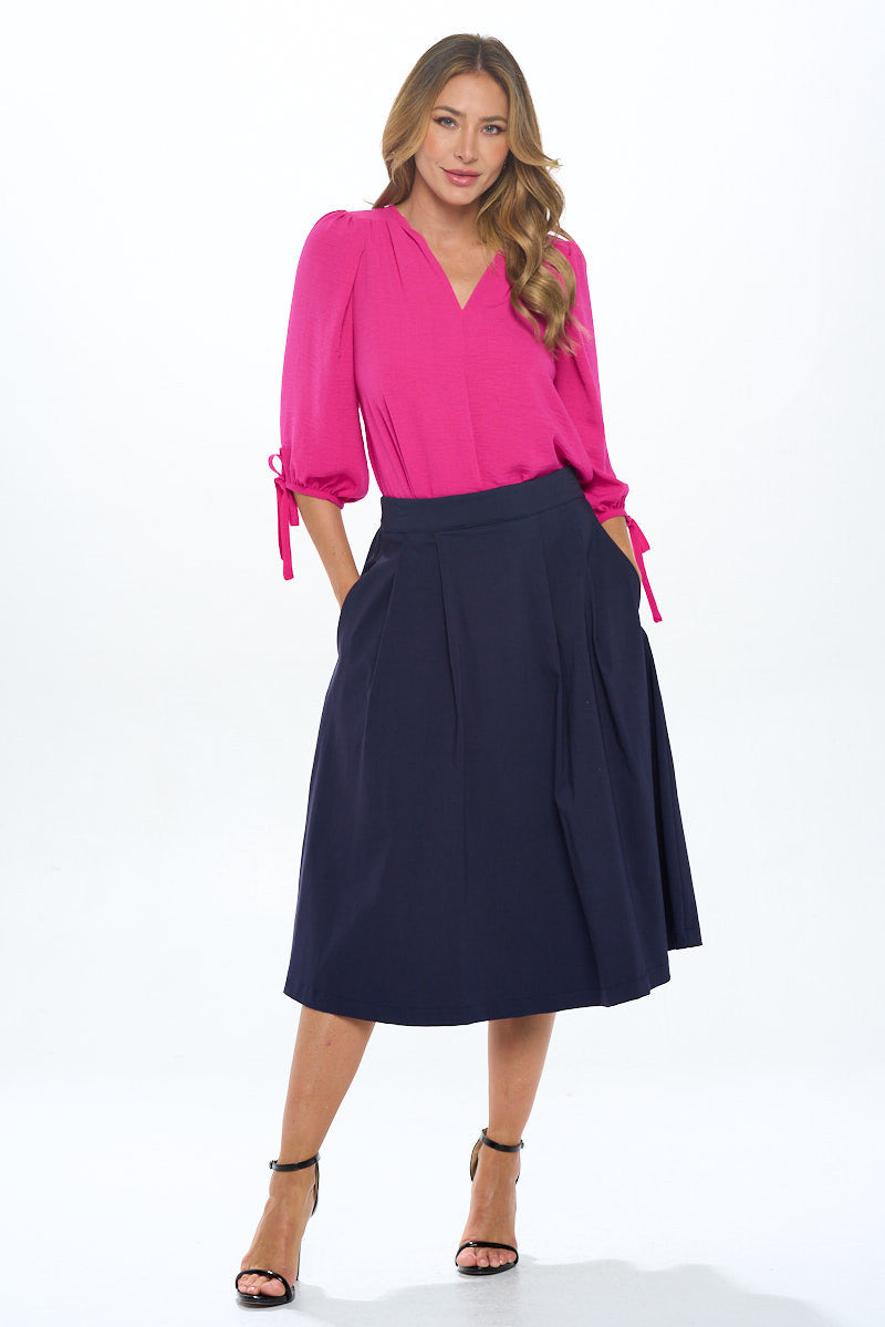Solid Pleated Midi Skirt with Pockets-4