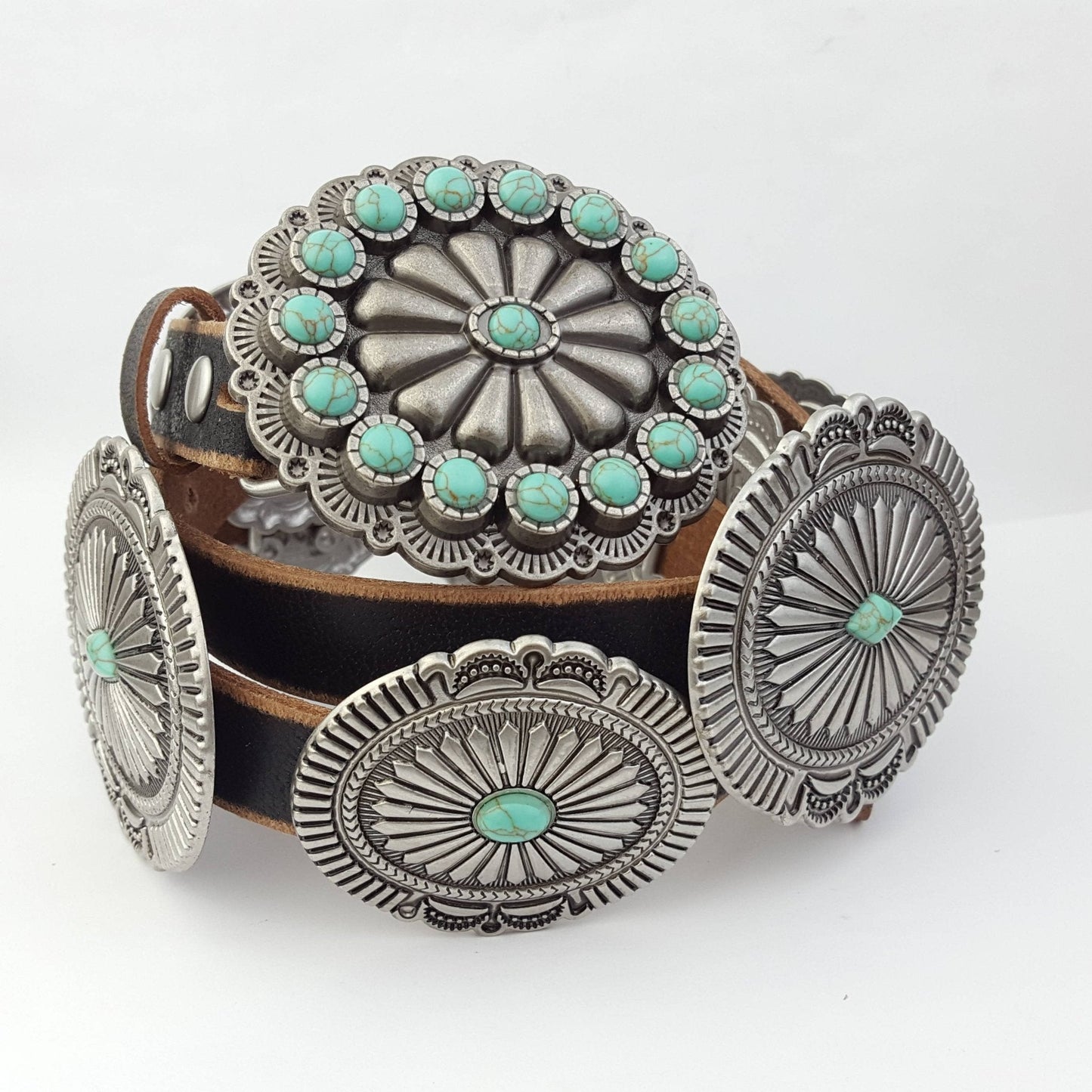 Distressed Leather Concho Belt in brown and black