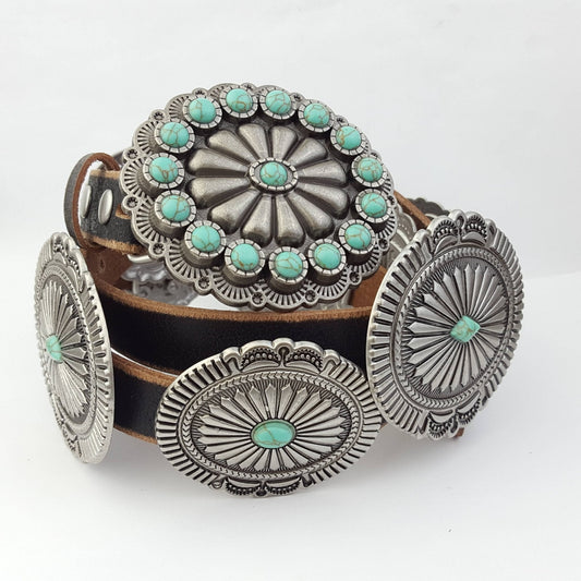 Distressed Leather Concho Belt in brown and black