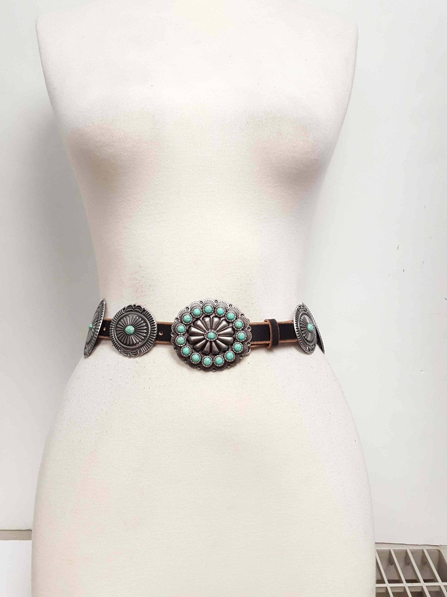 Distressed Leather Concho Belt in brown and black